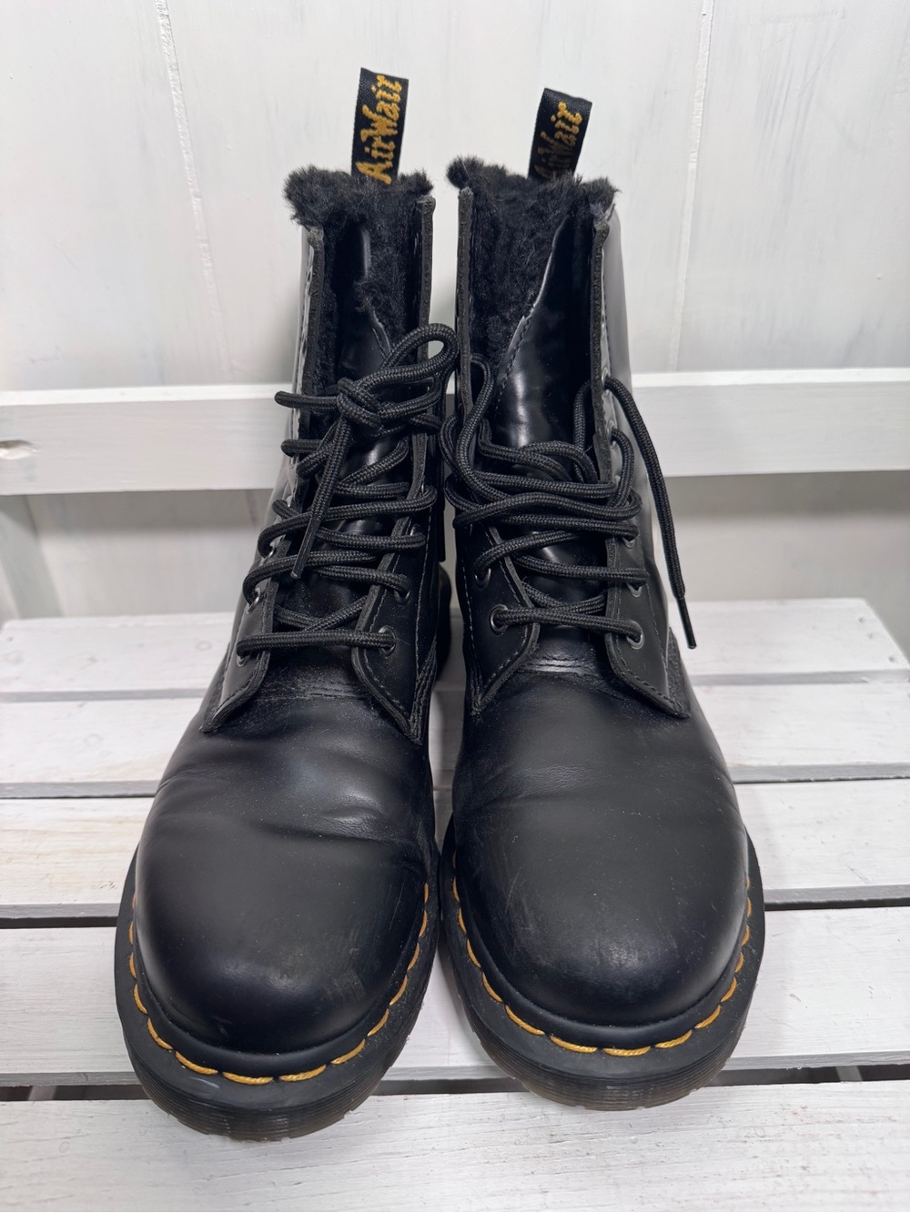 Dr. Martens Leather & Faux Fur Lace-Up Combat Boots with Yellow Stitching New 9